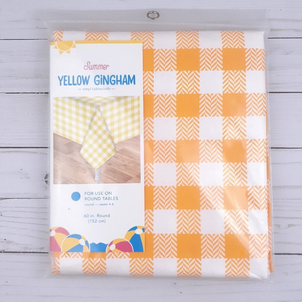 Vinyl Tablecloth 60 in Round Yellow Gingham Plaid Summer Party Camping Picnic
